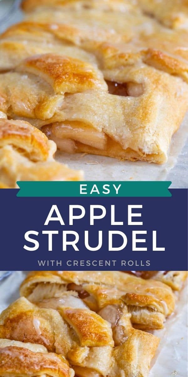Collage of easy apple strudel with recipe title in middle of two photos