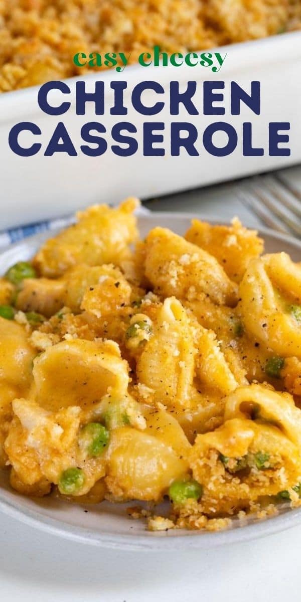 Cheesy chicken casserole on a grey dish with rest of casserole in background and recipe title on image