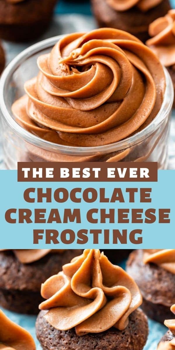 Collage of chocolate cream cheese frosting images with recipe title in middle