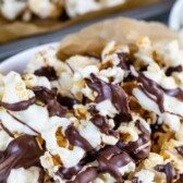 close up of zebra popcorn in bowl with words on photo