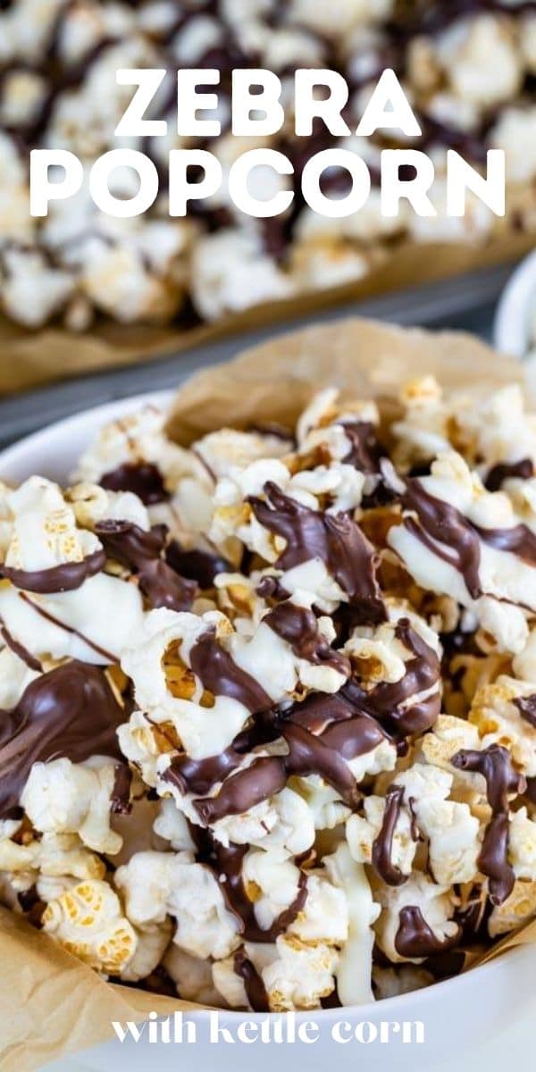 close up of zebra popcorn in bowl with words on photo