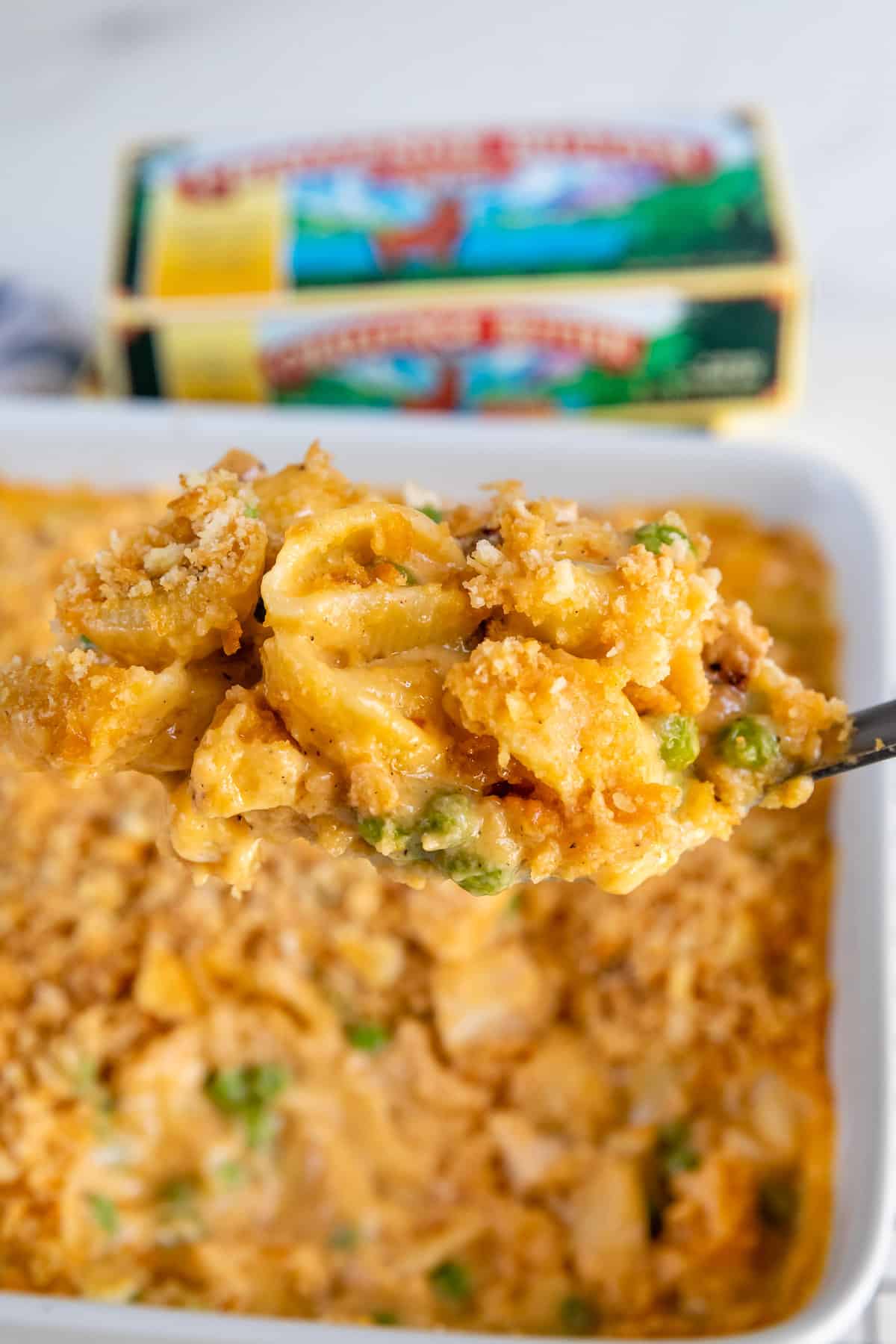 Close up shot of easy cheesy chicken casserole scooped into a spoon from casserole dish