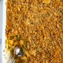 A baking dish brims with cheesy chicken casserole, its golden breadcrumb crust glistening invitingly. A serving spoon rests inside, uncovering tender chicken pieces and vibrant vegetables beneath, creating a delightful masterpiece for the senses.