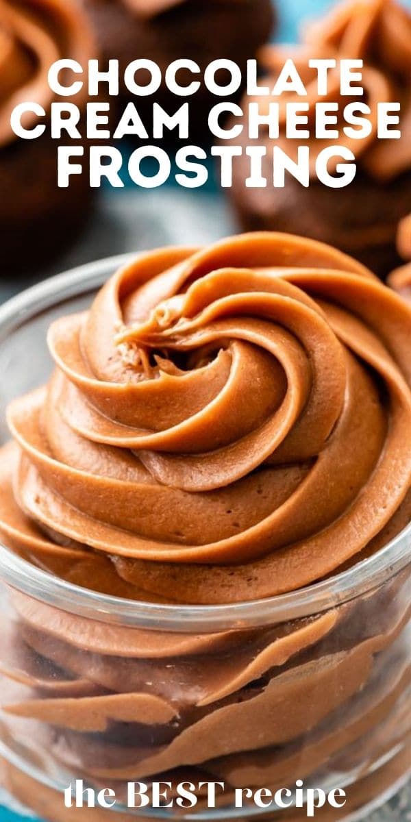 Chocolate cream cheese frosting in a glass dish with recipe title on top