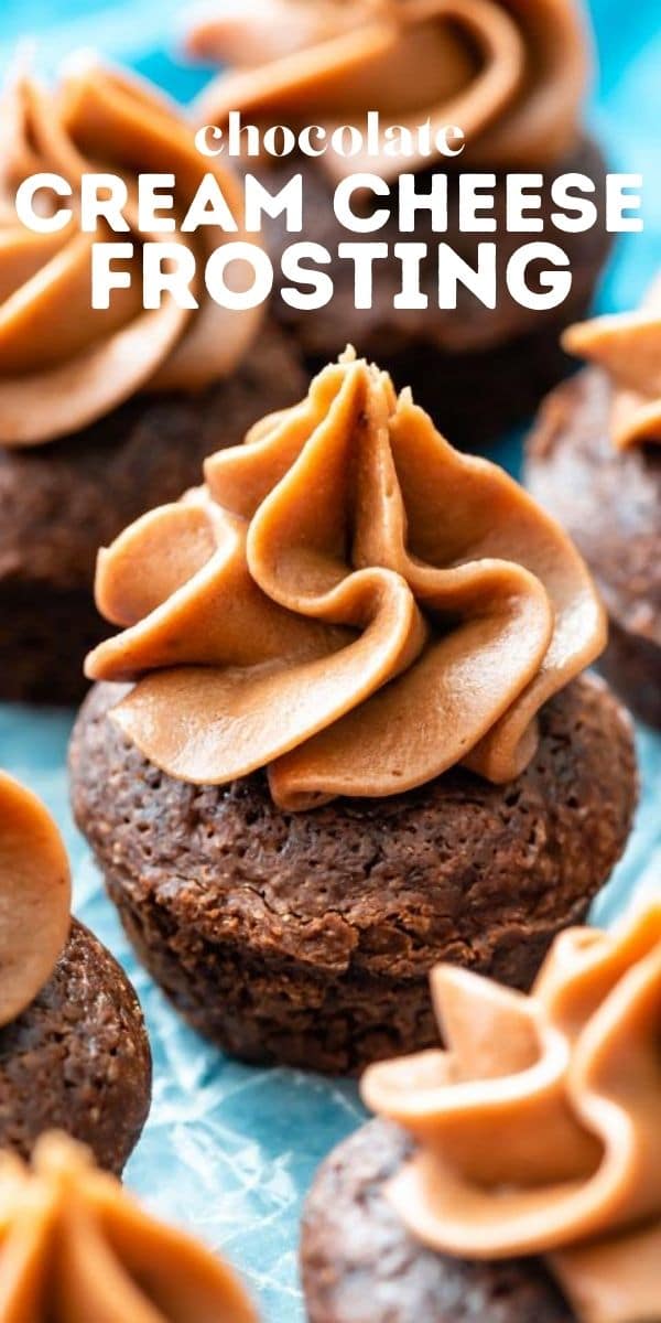 Chocolate cream cheese frosting on mini chocolate cupcakes