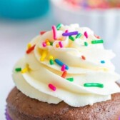 chocolate cupcake in purple liner with sprinkles with words on photo