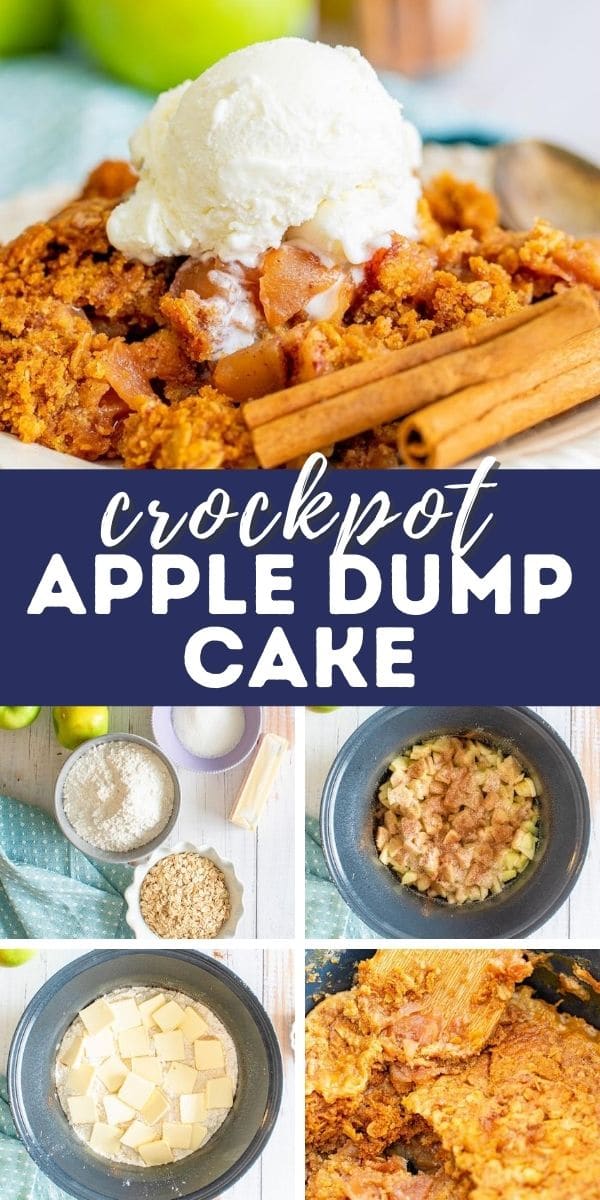 Photo collage showing ingredients and finished apple dump cake with recipe title in middle of photos