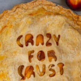 overhead shot of pie with crazy for crust cut out of crust
