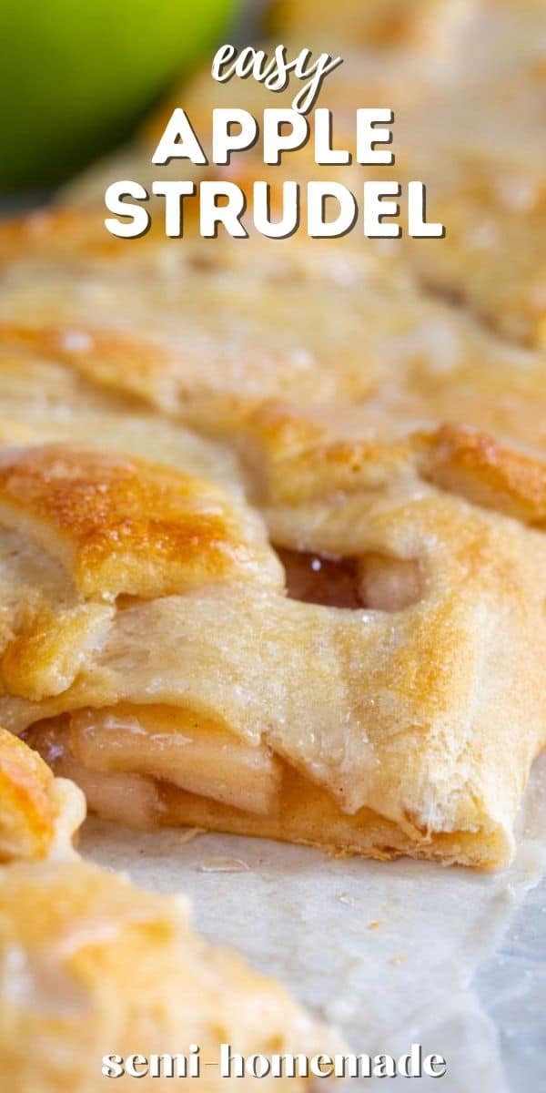 Close up of easy apple strudel braid cut to see middle filling with recipe title on top of image