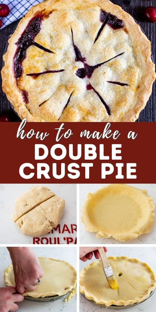 Photo collage of double crust pie with recipe title in middle