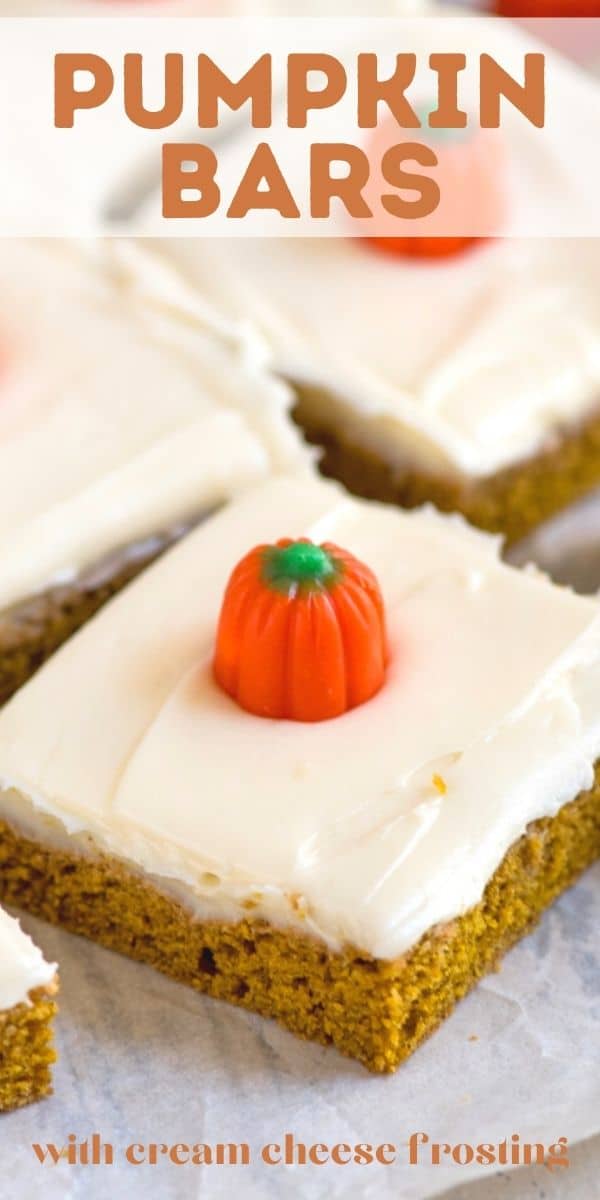 slice of pumpkin bar with pumpkin candy on top and words on photo