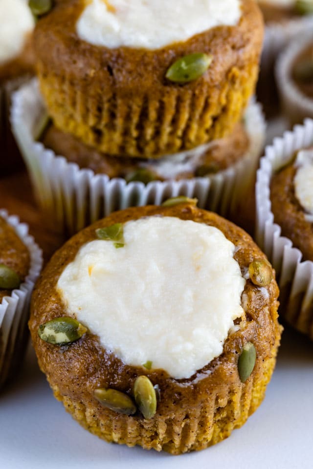 Close up overhead shot of pumpkin cream cheese muffins