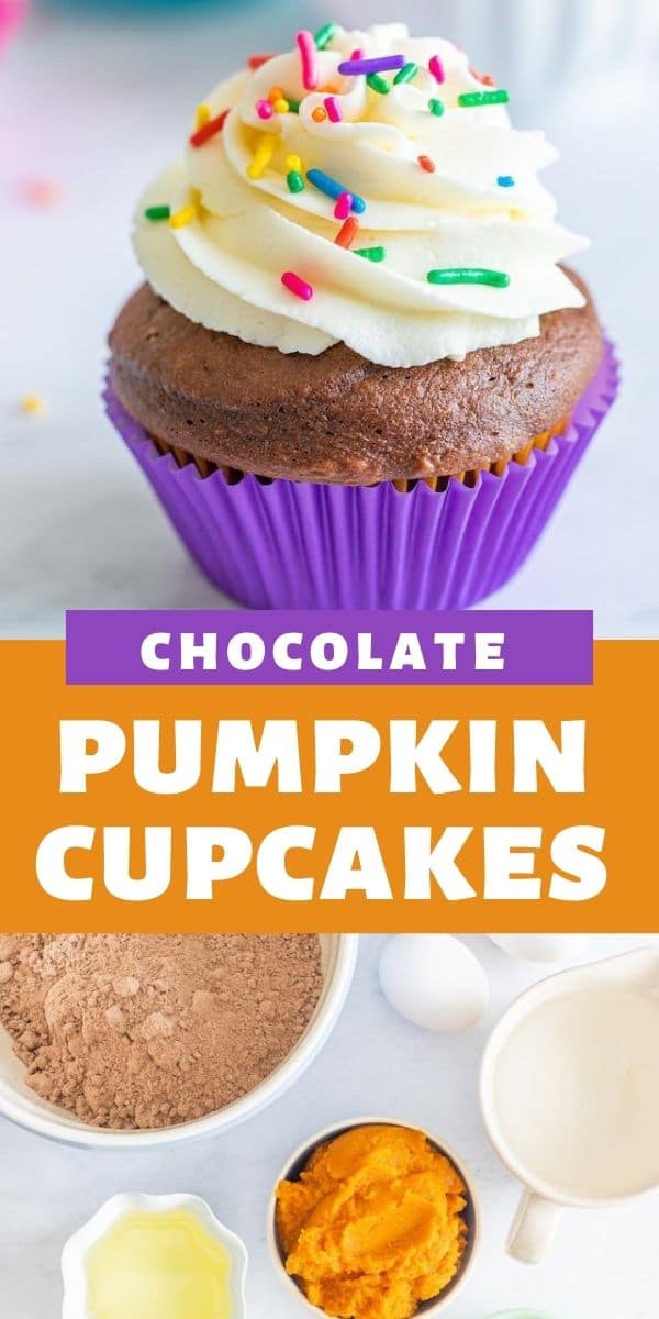 collage of pumpkin cupcake and ingredients with words on photo