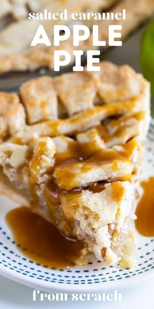 Salted caramel apple pie slice on a blue dotted plate with salted caramel sauce on top with recipe title on top