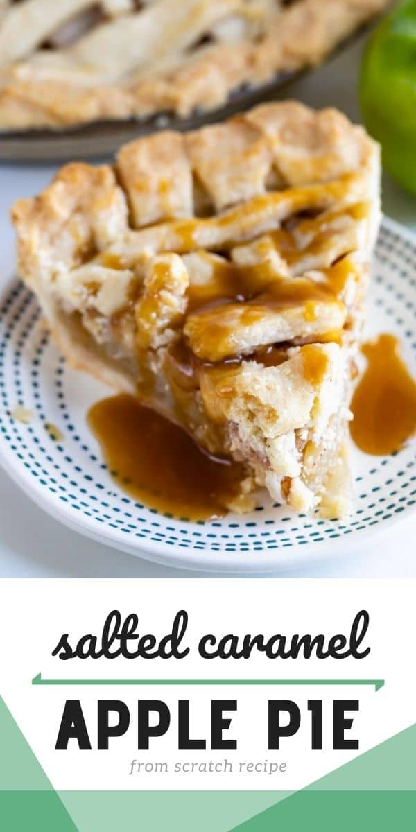 Salted caramel apple pie slice on a blue dotted plate with salted caramel sauce on top with recipe title on bottom