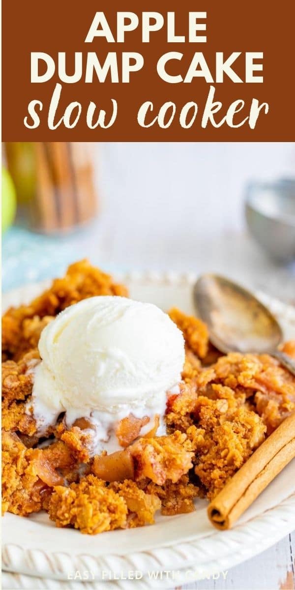 Apple dump cake on plate with vanilla ice cream, spoon and cinnamon sticks with recipe title on top of image