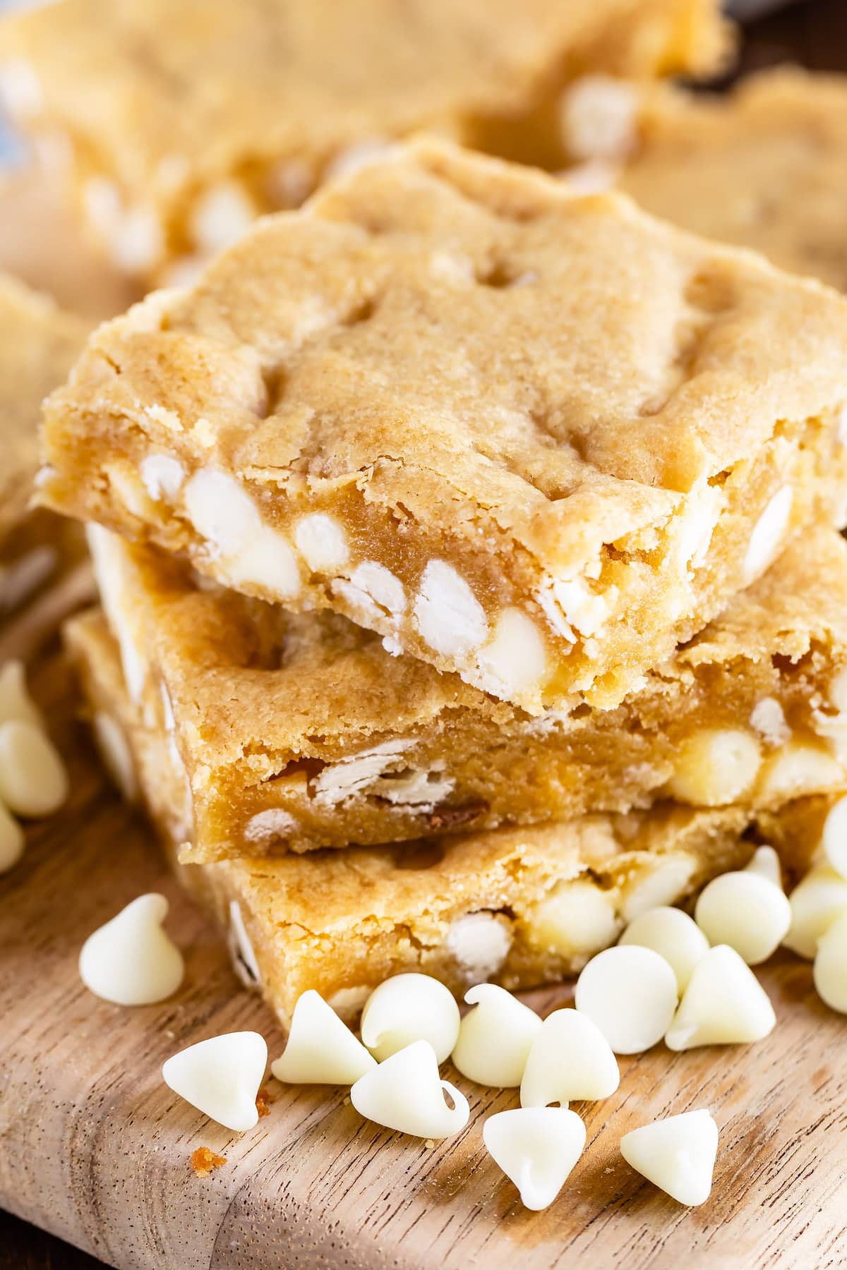 stack of 3 blondies with white chocolate chips