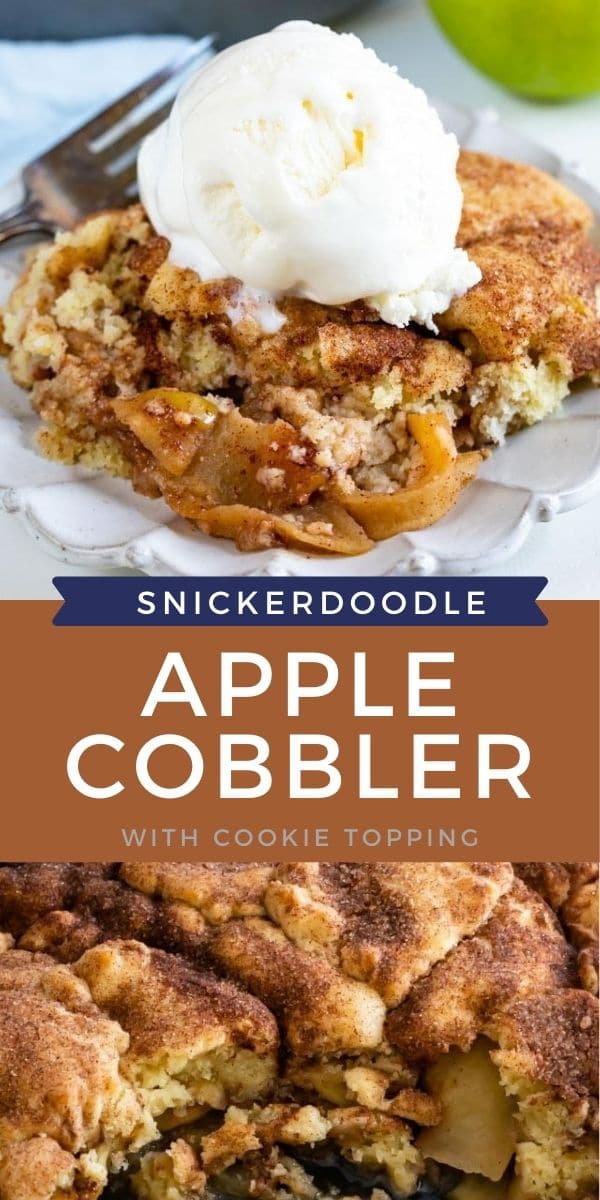 Collage of snickerdoodle apple cobbler with recipe title in between photos