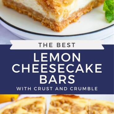 Photo collage of lemon cheesecake bars with recipe title in the middle