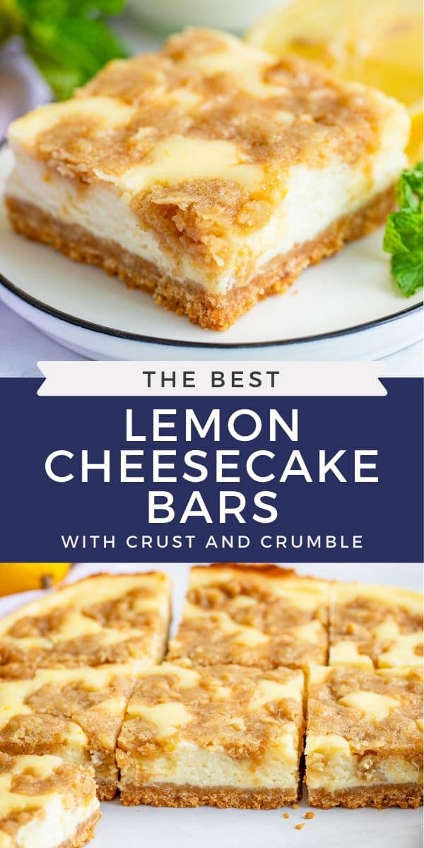 Photo collage of lemon cheesecake bars with recipe title in the middle