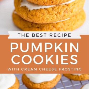 Photo collage of the best pumpkin cookies with cream cheese frosting and recipe title in middle of photos