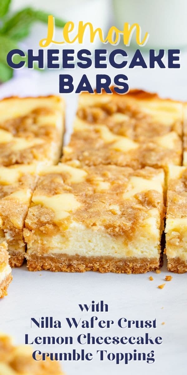 Lemon cheesecake bars on counter cut into squares with recipe title on top of image