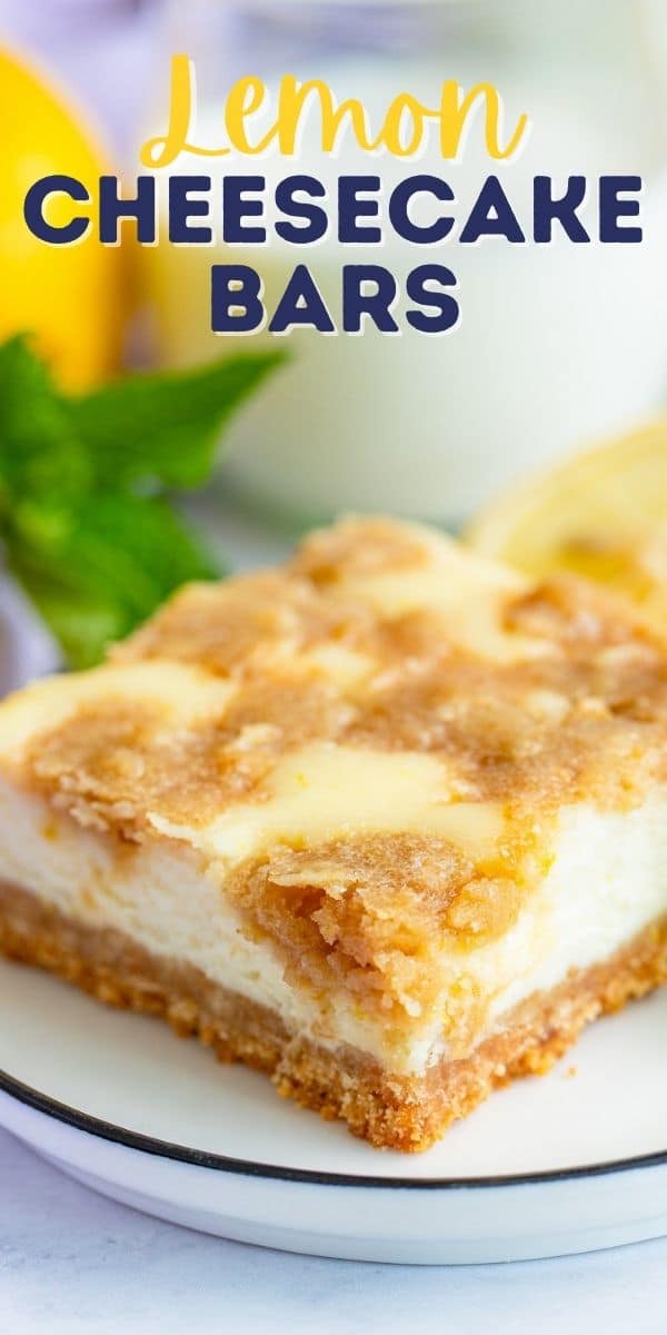 Lemon cheesecake bar on a white plate with recipe title on top of image