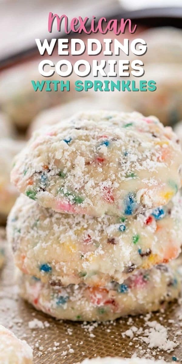 Stack of funfetti wedding cookies on a baking mat with recipe title on top of image