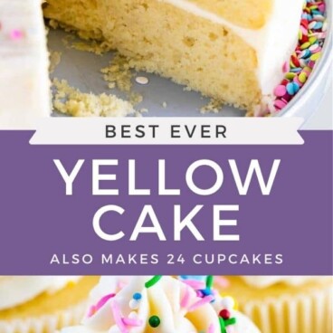 Photo collage of the best ever yellow cake with recipe title in between two photos
