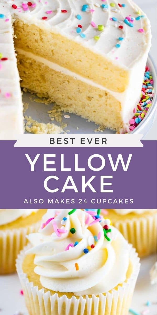 Photo collage of the best ever yellow cake with recipe title in between two photos