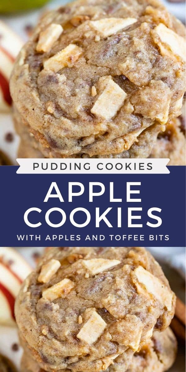 Photo collage of apple cookies with recipe title in middle of two photos