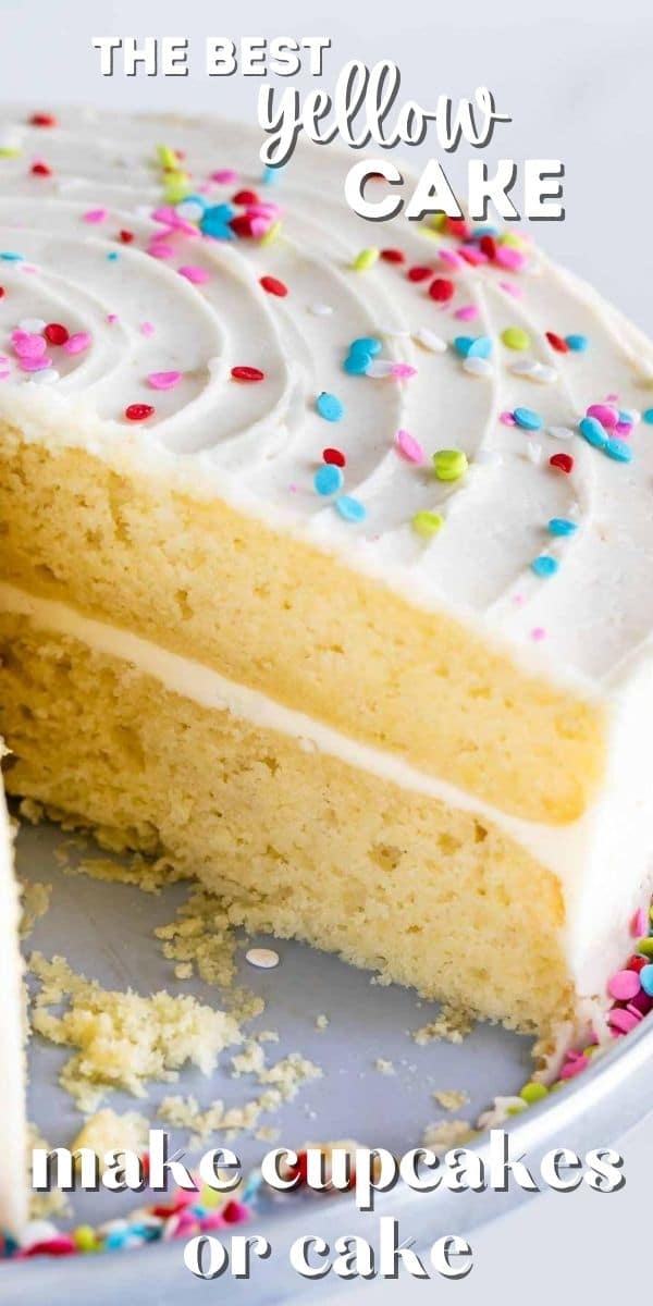 Layered yellow cake with vanilla frosting and rainbow sprinkles with slice cut out and recipe title on image