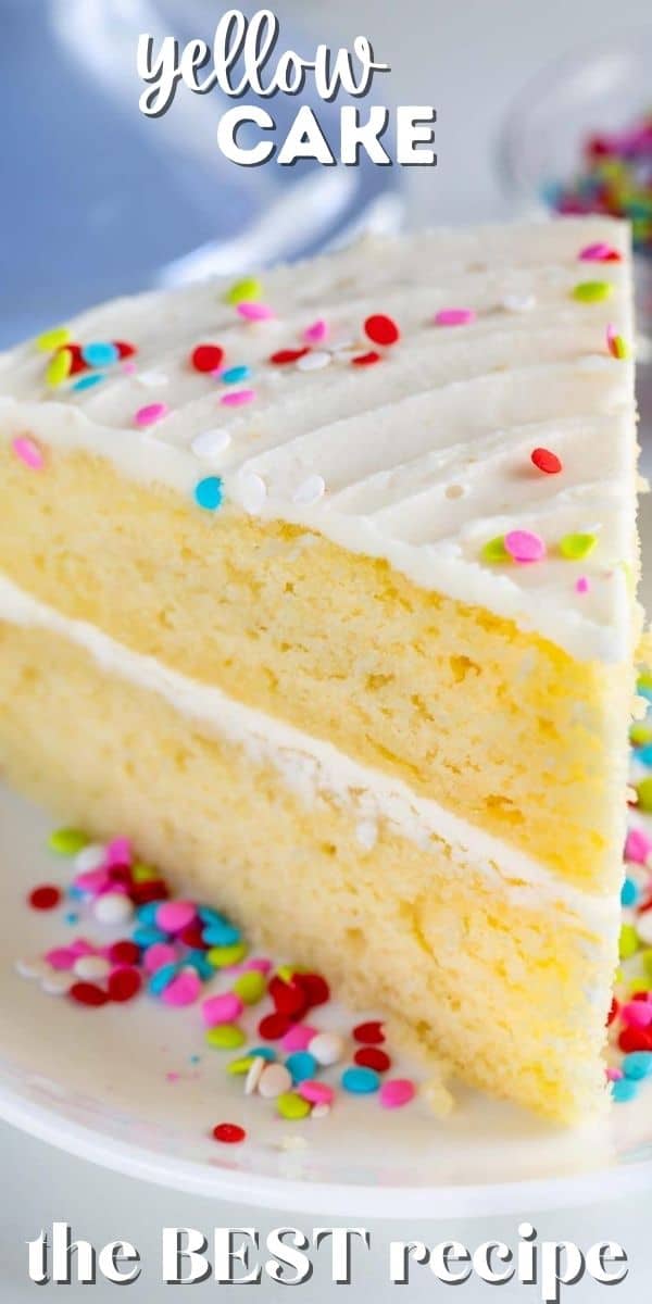 Slice of the best yellow cake with vanilla frosting and rainbow sprinkles and recipe title on top of image