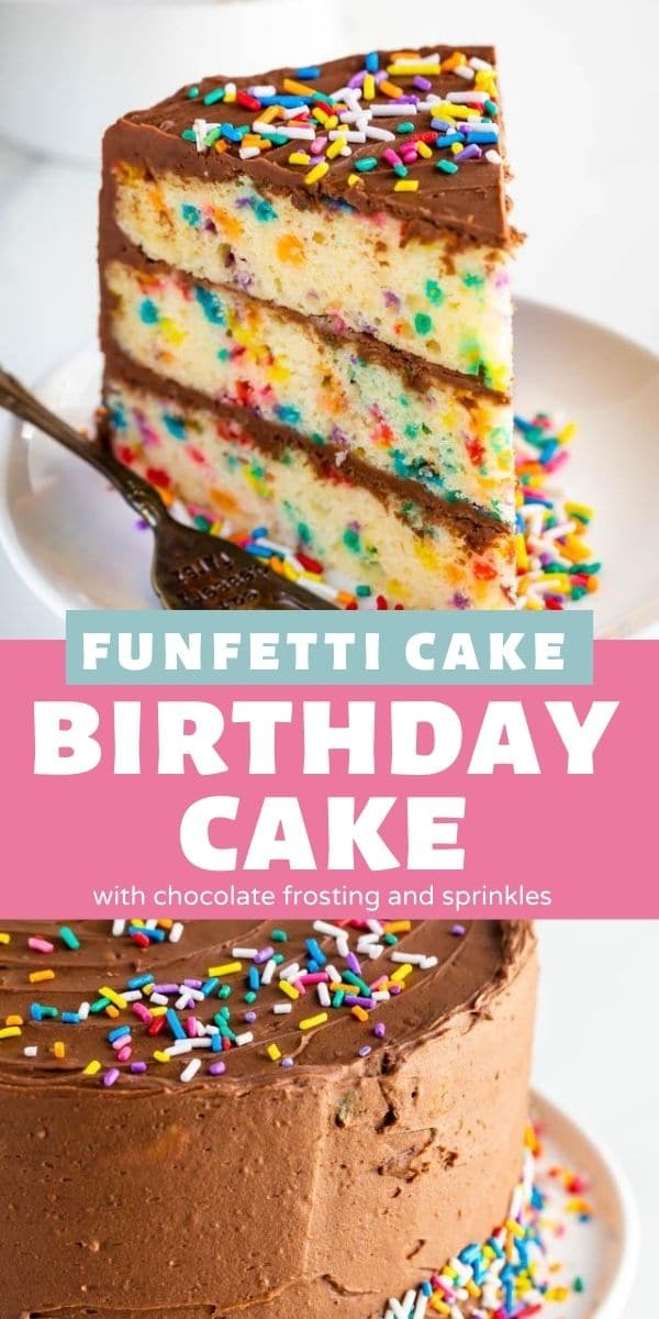 Photo collage of Funfetti birthday cake with chocolate frosting and recipe title in between the two photos