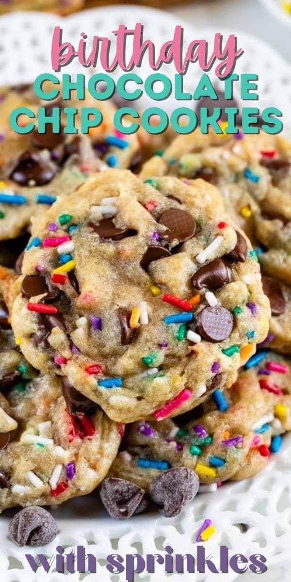 Stack of birthday cookies on a white plate with recipe title on image