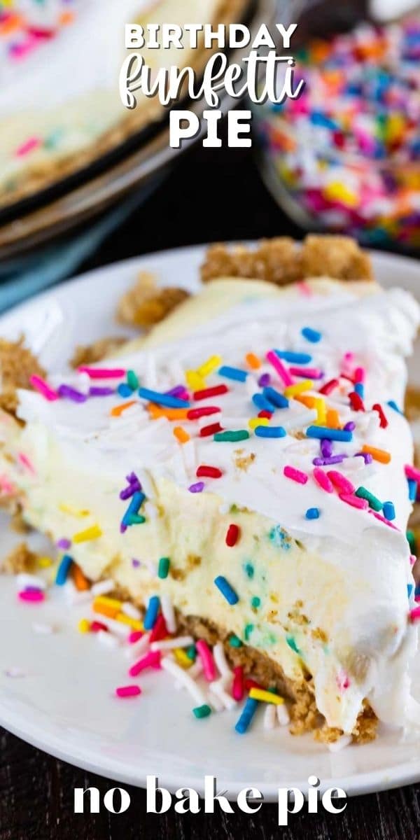 Slice of funfetti pie on a white plate with sprinkles in the background and recipe title on top