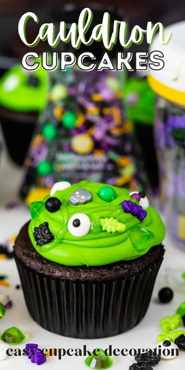 chocolate cupcake with green frosting with spooky sprinkles to look like cauldrons