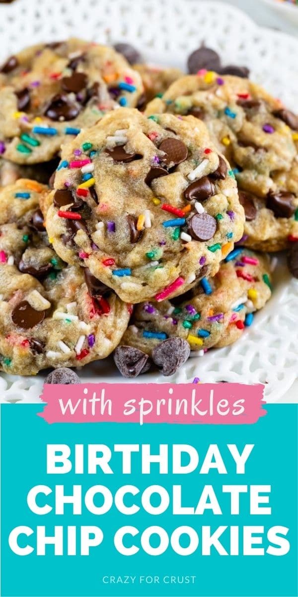 Overhead shot of birthday cookies with rainbow sprinkles on a white plate with recipe title on bottom of photo