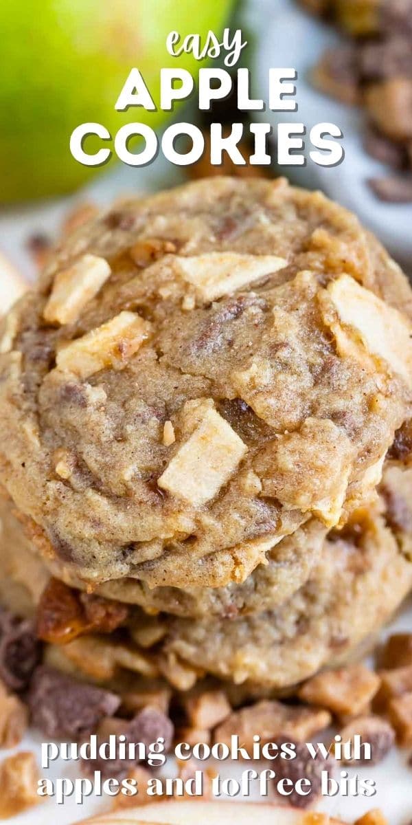 Close up photo of stack of apple cookies with toffee bits all around and recipe title on top of photo