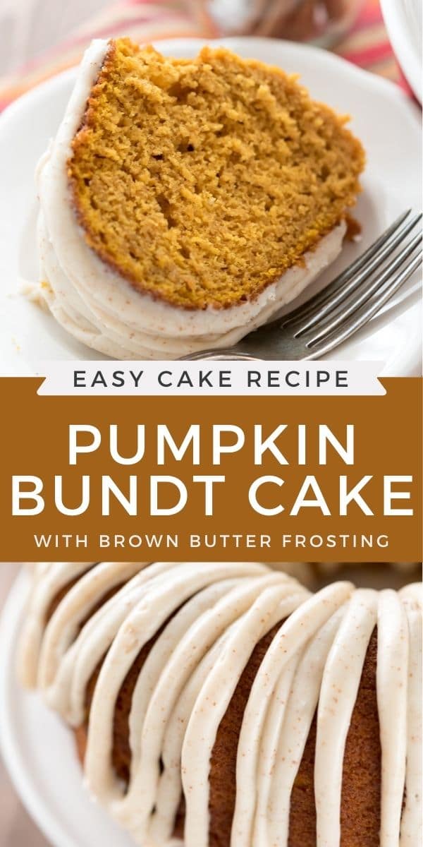 Photo collage of pumpkin bundt cake with recipe title in between the two photos