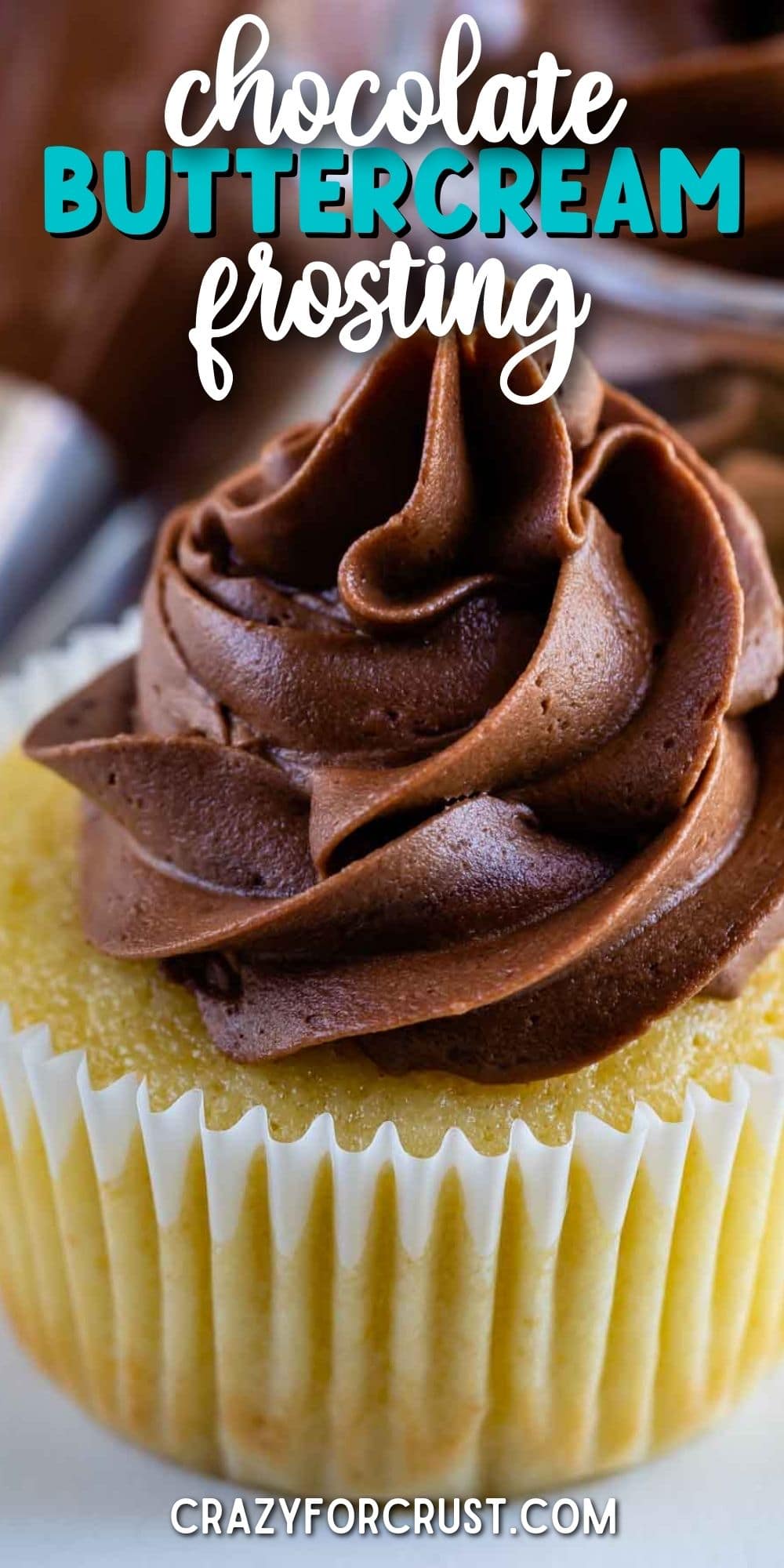 yellow cupcake with chocolate frosting and words on photo.