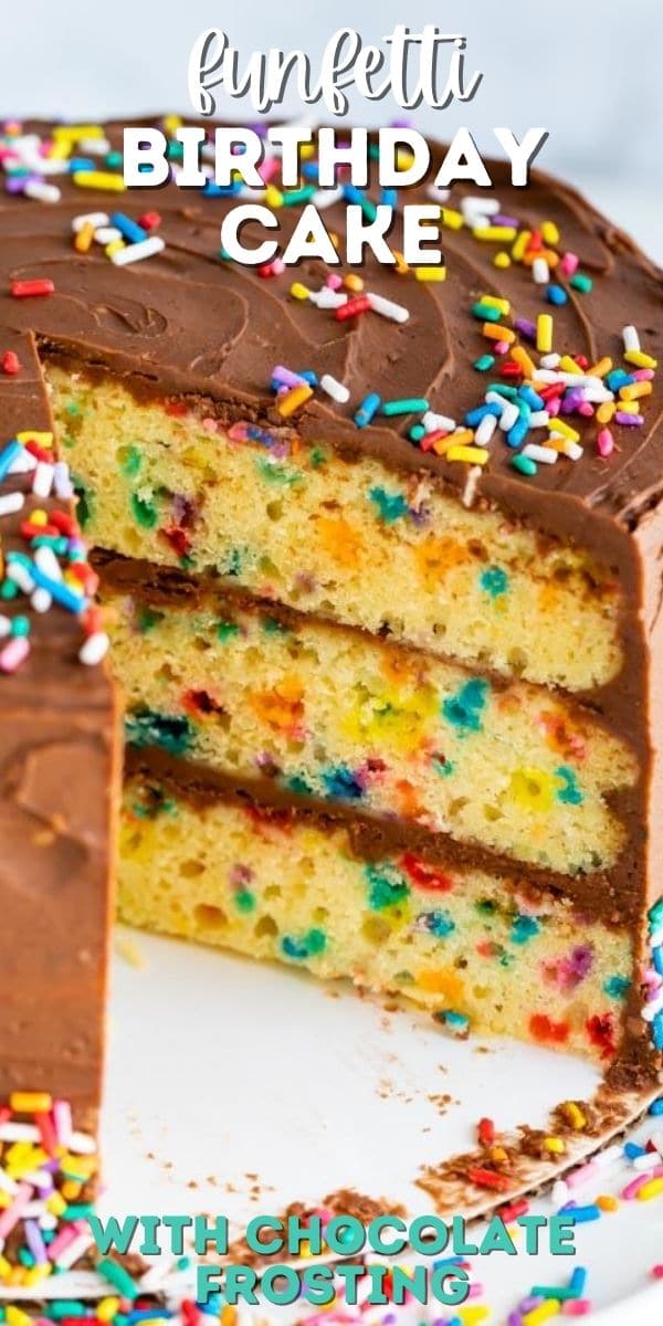 Funfetti birthday cake on a cake stand with one slice missing and recipe title on image