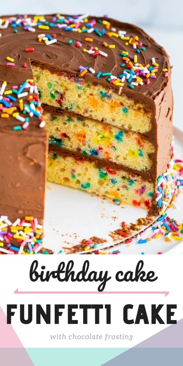 Funfetti birthday cake on a cake stand with one slice missing and recipe title on bottom of image