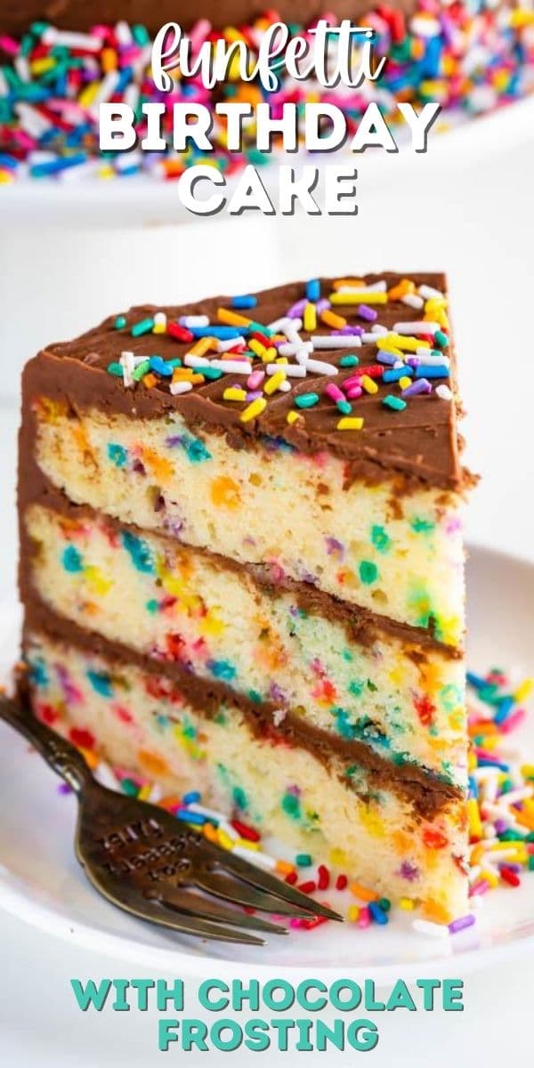 One slice of layered funfetti birthday cake with chocolate frosting and rainbow sprinkles on a white plate with fork and recipe title on image