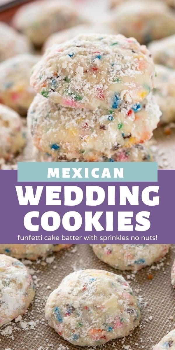 Photo collage of mexican wedding cookies with recipe title in between photos