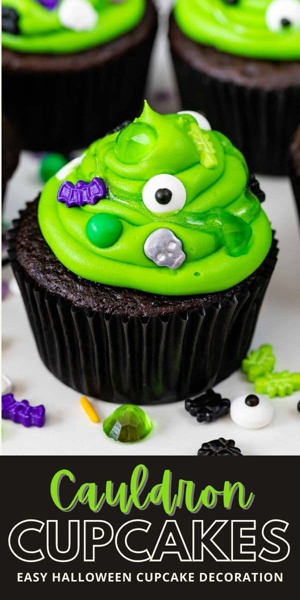 chocolate cupcake with green frosting with spooky sprinkles to look like cauldrons