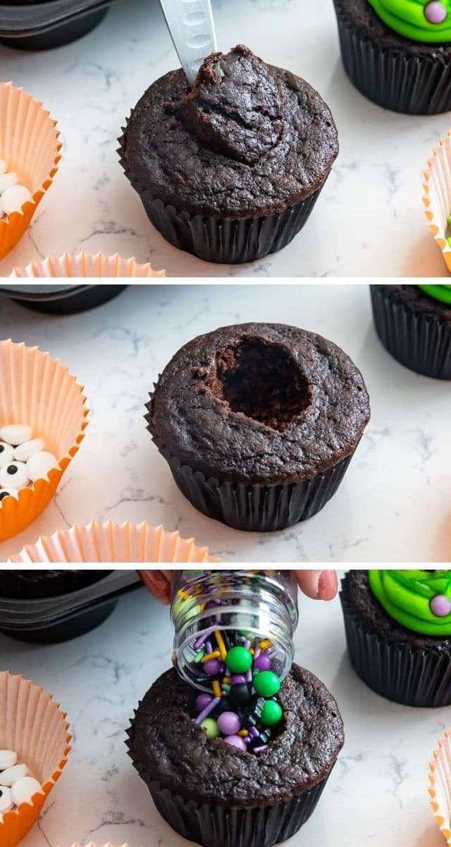 collage of three photos for how to put sprinkles inside a cupcake
