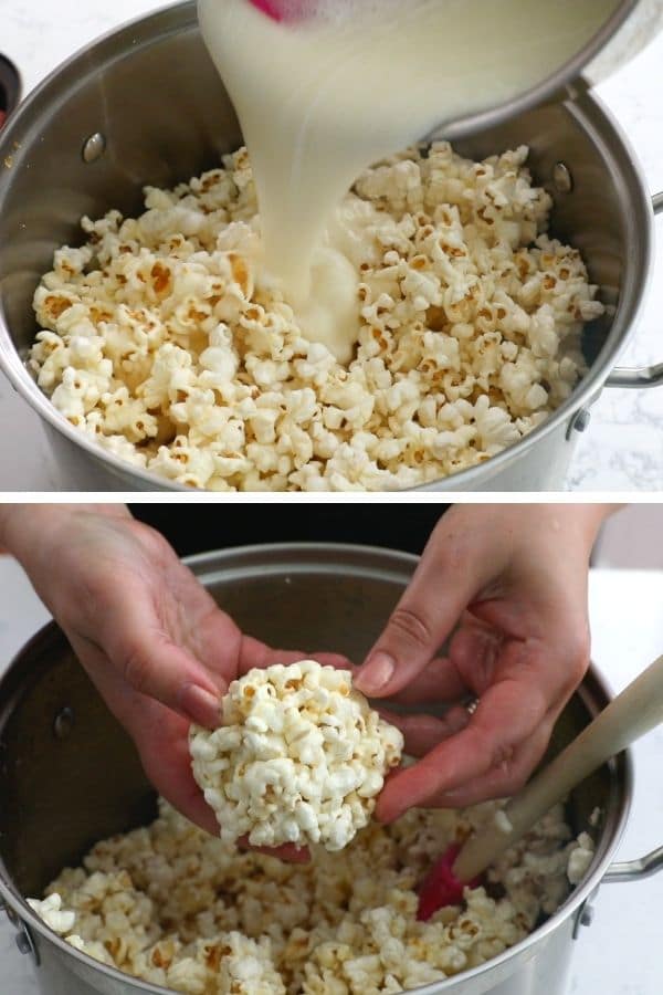 collage of pouring mixture over popcorn and forming balls