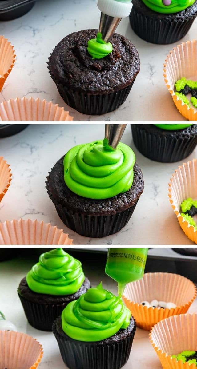 piping bag with green frosting frosting a chocolate cupcake