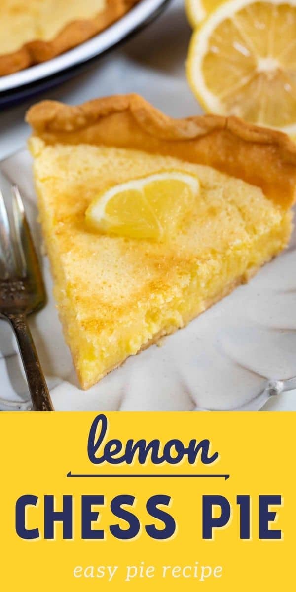 Slice of lemon chess pie on a white scalloped plate with the recipe title on bottom